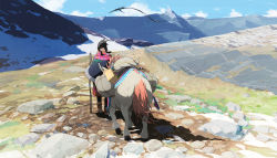Rule 34 | 1girl, animal, bag, blue sky, boots, box, capelet, cloud, commentary, day, dress, fantasy, highres, hooves, making-of available, mountain, mountainous horizon, original, outdoors, pack animal, post apocalypse, rock, scenery, sky, solo, tail, uki atsuya, cane
