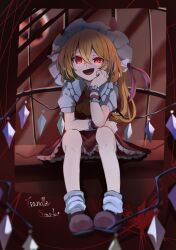 Rule 34 | 1girl, :d, arm support, ascot, bare legs, blonde hair, character name, collar, collared shirt, commentary, crystal, facing viewer, fang, female focus, flandre scarlet, frilled collar, frilled skirt, frills, glowing, glowing eyes, hair between eyes, hat, hat ribbon, highres, koroyarou, long hair, looking at viewer, mary janes, moon, naughty face, one side up, open mouth, red eyes, red moon, red ribbon, red skirt, red vest, ribbon, shirt, shoes, sitting, skirt, skirt drape, smile, socks, solo, string, touhou, tsurime, vest, white hat, white shirt, white socks, wings, wrist cuffs, yellow ascot