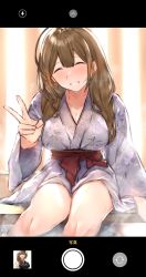 Rule 34 | 1girl, absurdres, ahoge, blush, breasts, brown hair, cleavage, closed eyes, commentary request, facing viewer, foot bath, hair over shoulder, highres, idolmaster, idolmaster shiny colors, japanese clothes, kimono, kuwayama chiyuki, large breasts, sash, smile, solo, sweat, takani0721, thighs, user interface, v, viewfinder, yukata