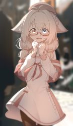 Rule 34 | 1girl, absurdres, animal ears, antenna hair, beret, blonde hair, blue eyes, blurry, blurry background, blush, brown pantyhose, commentary request, commission, dress, fox ears, glasses, hair between eyes, hair intakes, hat, heterochromia, highres, hoplitx, long hair, long sleeves, low twintails, open mouth, orange eyes, original, pantyhose, pink background, pink dress, pixiv commission, red-framed eyewear, solo, twintails, yukino ko (yukino shiratama)
