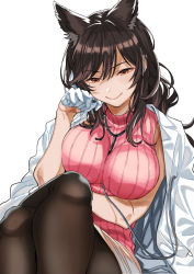 Rule 34 | 1girl, animal ears, arm across waist, atago (azur lane), azur lane, between breasts, black hair, black pantyhose, blush, breasts, brown eyes, brown skirt, closed mouth, coat, coat on shoulders, crossed legs, extra ears, female focus, gloves, half gloves, lab coat, large breasts, long hair, looking at viewer, mole, mole under eye, open clothes, open coat, pantyhose, pink sweater, ribbed sweater, sidelocks, simple background, sitting, skirt, smile, solo, stethoscope, sweater, sweater vest, swept bangs, turtleneck, turtleneck sweater, umiyama, very long hair, wavy hair, white background, white coat, white gloves, wolf ears
