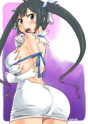 Rule 34 | 10s, 1girl, ass, bare shoulders, black hair, blue eyes, blush, breasts, choker, dungeon ni deai wo motomeru no wa machigatteiru darou ka, elbow gloves, female focus, from behind, gloves, hair ornament, hestia (danmachi), highres, kuboshun, large breasts, long hair, long twintails, looking back, open mouth, sideboob, signature, solo, standing, twintails, white gloves