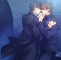 Rule 34 | 2boys, bad id, bad pixiv id, black eyes, black hair, blue theme, brown hair, command spell, emiya kiritsugu, facial hair, fate/zero, fate (series), hand on another&#039;s face, jewelry, kotomine kirei, male focus, multiple boys, necklace, stubble, yaoi, zihad