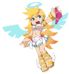 Rule 34 | 10s, 1girl, absurdres, angel, angel wings, ankle wings, blonde hair, blue eyes, breasts, crop top, earrings, full body, halo, highres, holding, holding clothes, holding panties, holding underwear, hoop earrings, jewelry, long hair, lots of jewelry, makai, midriff, miniskirt, nail polish, navel, official style, open mouth, panties, panty &amp; stocking with garterbelt, panty (psg), pink panties, skirt, smile, solo, stud earrings, toenail polish, toenails, underwear, wings