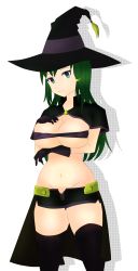 Rule 34 | 1girl, absurdres, black thighhighs, breasts, cape, cowboy shot, female focus, gloves, green eyes, green hair, hat, highres, large breasts, legs apart, long hair, matching hair/eyes, micro shorts, narrow waist, navel, short shorts, shorts, simple background, smile, solo, standing, thighhighs, thighs, transparent background, underboob, witch, witch hat
