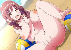 Rule 34 | 1girl, anus, arm between breasts, ass grab, bad id, bad pixiv id, ball, bar censor, beach, between breasts, blush, breasts, breasts apart, brown eyes, brown hair, censored, cleft of venus, cloud, collarbone, completely nude, exhibitionism, hand between breasts, harukana receive, highres, inverted nipples, large breasts, long hair, looking at viewer, low twintails, naruse mai, navel, nipples, nude, ocean, oozora haruka (harukana receive), open mouth, presenting, public indecency, pussy, sand, sitting, sky, smile, solo, spread legs, thighs, toes, twintails, volleyball, volleyball (object), water, zenra