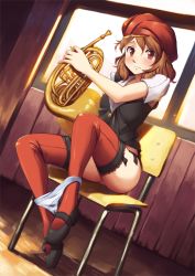 Rule 34 | 1girl, bad id, bad pixiv id, blush, brown eyes, brown hair, chair, dutch angle, french horn, garter straps, hair between eyes, hat, instrument, legs, mary janes, original, panties, panty pull, red thighhighs, shoes, short hair, sitting, softmode, solo, striped clothes, striped panties, thighhighs, thighs, underwear, window