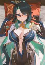 Rule 34 | 1girl, absurdres, aqua eyes, aqua hair, bed, blue hair, breasts, capelet, cleavage, cloud retainer (genshin impact), commentary, cowboy shot, genshin impact, glasses, hands up, highres, large breasts, looking at viewer, lying, navel, nvl, on back, pillow, plunging neckline, red-framed eyewear, smile, solo, white capelet, xianyun (genshin impact)
