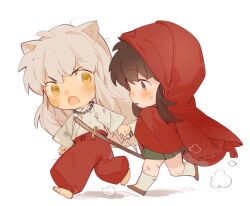 Rule 34 | 1boy, 1girl, animal ears, barefoot, bead necklace, beads, blush, borrowed clothes, brown hair, bruise, chibi, dog ears, fang, full body, green skirt, grey hair, highres, higurashi kagome, holding hands, hood, hood up, injury, inuyasha, inuyasha (character), japanese clothes, jewelry, katana, kneehighs, lili3639, long hair, long sleeves, looking at another, messy hair, miniskirt, necklace, open mouth, pants, pleated skirt, profile, red pants, ribbon trim, running, school uniform, serafuku, shoes, simple background, skirt, socks, sword, tooth necklace, weapon, white background, white socks, wide sleeves, worried, yellow eyes