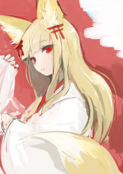 Rule 34 | 1girl, animal ears, blonde hair, blunt bangs, fox ears, fox tail, hair ornament, japanese clothes, long hair, miko, oshiro project:re, parody, re (tori), red eyes, senko (oshiro project), sleeves past wrists, solo, tail, torii hair ornament