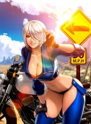 Rule 34 | angel (kof), blue eyes, bra, breasts, chaps, cropped jacket, desert, fingerless gloves, gloves, hair over one eye, jacket, large breasts, leather, leather jacket, motor vehicle, motorcycle, official art, road sign, sign, snk, strapless, strapless bra, the king of fighters, the king of fighters all-stars, the king of fighters xiv, the king of fighters xv, toned, underwear, white hair