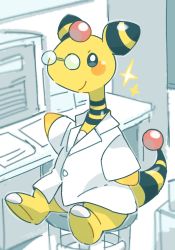 Rule 34 | ampharos, black eyes, buttons, chair, closed mouth, clothed pokemon, commentary request, creatures (company), desk, game freak, gen 2 pokemon, glasses, lab coat, monitor, nintendo, no humans, pokemon, pokemon (creature), sitting, smile, solo, sparkle, tansho