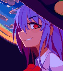 Rule 34 | 1girl, black hat, blue hair, brodall pixel, close-up, cloud, commentary request, fisheye, from side, hat, hinanawi tenshi, looking at viewer, outdoors, pixel art, red eyes, shirt, sky, smirk, solo, sunset, touhou, white shirt