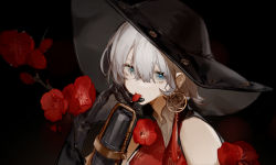 Rule 34 | 1girl, absurdres, bare shoulders, black background, black gloves, black hat, blue eyes, commentary, dress, earrings, flower, gloves, grey hair, hair between eyes, hand up, hat, highres, hui wuya, jewelry, leaf, looking at viewer, microphone, mouth hold, portrait, red dress, red flower, short hair, simple background, sleeveless, solo, vocaloid, vsinger, yanhe