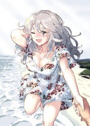 Rule 34 | 1boy, 1girl, alternate costume, beach, blush, breasts, brown eyes, cleavage, day, dress, drunk, floral print, grey hair, hair between eyes, hat, highres, igarashi mangou, kantai collection, large breasts, long hair, one eye closed, open mouth, out of frame, pola (kancolle), rose print, running, sand, smile, thick eyebrows, water, wavy hair, white dress