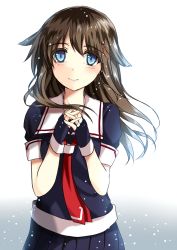 Rule 34 | 10s, 1girl, alternate hairstyle, bad id, bad pixiv id, blue eyes, brown hair, cowboy shot, fingerless gloves, gloves, hair down, hair flaps, hair ornament, jewelry, kantai collection, long hair, looking at viewer, morizono shiki, own hands clasped, own hands together, pleated skirt, ring, school uniform, serafuku, shigure (kancolle), shigure kai ni (kancolle), skirt, smile, solo, wedding band, wedding ring, wind