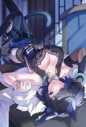 Rule 34 | 1girl, animal ears, asymmetrical gloves, bare shoulders, blue eyes, blue gloves, blue hair, blush, breasts, cat ears, cat tail, cleavage, closed mouth, collarbone, diagonal bangs, elbow gloves, fingerless gloves, genshin impact, gloves, highres, large breasts, looking at viewer, lying, mismatched gloves, mole, mole on breast, on back, sino42, smile, solo, tail, vision (genshin impact), white gloves, yelan (genshin impact)