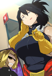 Rule 34 | 1boy, 1girl, all might, black eyes, black hair, blonde hair, bodysuit, boku no hero academia, breasts, cafekun, commentary request, gloves, heart, heart-shaped pupils, large breasts, mole, mole under mouth, muscular, muscular female, shimura nana, sleeveless, sleeveless bodysuit, stray pubic hair, sweat, nervous sweating, symbol-shaped pupils, teeth, toilet symbol, tongue, tongue out, yellow gloves