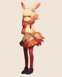 Rule 34 | 10s, 1girl, :o, artist name, bird tail, bird wings, black footwear, blunt bangs, buttons, collar, expressionless, eyelashes, floating hair, frilled sleeves, frills, full body, fur collar, gloves, gradient hair, grey background, head wings, highres, japanese crested ibis (kemono friends), jitome, kemono friends, lemontea, long sleeves, looking away, mary janes, multicolored hair, open mouth, own hands together, pantyhose, pleated skirt, red gloves, red hair, red pantyhose, red skirt, shirt, shoes, short hair, short hair with long locks, sidelocks, signature, simple background, skirt, solo, standing, tail, two-tone hair, white hair, white shirt, wide sleeves, wings, yellow eyes