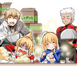 Rule 34 | ahoge, apron, archer (fate), artoria pendragon (all), artoria pendragon (fate), blonde hair, blouse, blush, brother and sister, cape, crying, dark-skinned male, dark skin, dessert, eating, fang, fate/grand order, fate (series), food, fruit, gawain (fate), hair between eyes, happy, highres, kanno takanori, karaage, mashed potatoes, mordred (fate), mordred (fate/apocrypha), mother and daughter, omelet, omurice, parted bangs, ponytail, potato, red shirt, saber (fate), serving dome, shirt, siblings, sparkle, spoon, strawberry, white background, white hair