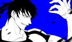 Rule 34 | 1boy, 2496oyakodon, black hair, blue background, evil grin, evil smile, fushiguro touji, greyscale with colored background, grin, hand up, jujutsu kaisen, looking ahead, male focus, mature male, muscular, muscular male, portrait, profile, scar, scar on face, scar on mouth, short hair, smile, solo