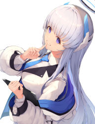 Rule 34 | 1girl, absurdres, blue archive, blue necktie, breasts, collared shirt, commentary request, dress shirt, finger to mouth, formal, grey hair, grin, halo, headphones, highres, index finger raised, jacket, large breasts, long hair, mechanical halo, necktie, noa (blue archive), off shoulder, open clothes, open jacket, piisu, purple eyes, shirt, shushing, sidelocks, smile, solo, suit, two-sided fabric, two-sided jacket, very long hair, white jacket, white shirt, white suit