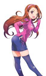 Rule 34 | 1girl, ass, black thighhighs, blush, brown hair, cerezo osaka, dated, hairband, highres, idolmaster, idolmaster (classic), inoue sora, j. league, long hair, looking at viewer, minase iori, one eye closed, open mouth, photoshop (medium), red eyes, revision, shorts, signature, smile, soccer, soccer uniform, solo, sportswear, thighhighs