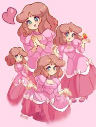 Rule 34 | 1girl, absurdres, blue eyes, blush, breasts, brown hair, cleavage, clothes pull, dress, dress pull, grin, heart, highres, jewelry, long sleeves, looking at viewer, necklace, nintendo, pink dress, princess zelda, puffy long sleeves, puffy sleeves, smile, spoken heart, the legend of zelda, the legend of zelda (nes), tiara