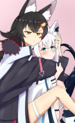 Rule 34 | 2girls, absurdres, ahoge, animal ear fluff, animal ears, black hair, black jacket, blush, braid, commentary request, earrings, fox ears, fox girl, fox tail, fur jacket, green eyes, hair between eyes, hair ornament, hairclip, highres, hololive, hug, hug from behind, jacket, jewelry, knees up, long hair, looking at another, looking at viewer, multicolored hair, multiple girls, ookami mio, pentagram, pink background, red hair, shirakami fubuki, shirakami fubuki (fubukitek), sidelocks, simple background, single braid, sitting, sorazumiumi, streaked hair, tail, thigh strap, v-shaped eyebrows, virtual youtuber, white hair, white jacket, wolf ears, wolf girl, yellow eyes