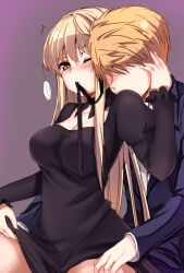 Rule 34 | 1boy, 1girl, ^^^, biting, black ribbon, blush, breasts, cleavage, cleavage cutout, clothes lift, clothing cutout, commentary request, couple, curvy, dress, dress lift, frilled sleeves, frills, hair between eyes, half-closed eyes, hand on another&#039;s head, hetero, hug, hug from behind, juliet sleeves, large breasts, lifted by self, light brown hair, long hair, long sleeves, looking at another, masayu, mouth hold, neck biting, no eyes, official alternate costume, one eye closed, orange hair, puffy sleeves, purple background, rewrite, ribbon, ribbon in mouth, senri akane, short hair, sidelocks, simple background, speech bubble, spiked hair, straight hair, sweatdrop, tennouji kotarou, twitching, very long hair, yellow eyes