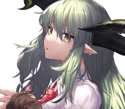 Rule 34 | 1girl, collared shirt, ear piercing, fingernails, from side, green eyes, green hair, horns, ibuki notsu, long hair, looking at viewer, nail polish, necktie, original, parted lips, piercing, pointy ears, purple nails, red necktie, red pupils, shirt, simple background, slit pupils, solo, upper body, white background, white shirt, wing collar