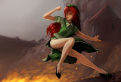 Rule 34 | 1girl, absurdres, alternate eye color, artist name, blouse, blurry, clenched hand, cloud, cloudy sky, depth of field, embers, fire, hat, highres, hong meiling, kicking, koshi (koshi vortex), looking away, neck ribbon, outdoors, puffy short sleeves, puffy sleeves, red eyes, red hair, ribbon, scarlet devil mansion, shirt, shoes, short sleeves, signature, sky, smoke, solo, star (symbol), touhou, vest