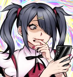 Rule 34 | 1girl, ame-chan (needy girl overdose), black eyes, black hair, black nails, black ribbon, cellphone, chinese commentary, collared shirt, commentary request, hair ornament, hair over one eye, hair tie, hand to own mouth, hands up, highres, holding, holding phone, long hair, looking at phone, meihuajiangle, multicolored nails, nail polish, neck ribbon, needy girl overdose, phone, red nails, red shirt, ribbon, shaded face, shirt, smartphone, solo, trembling, twintails, upper body, x hair ornament