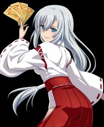 Rule 34 | 10s, 1girl, blue eyes, cowboy shot, floating hair, from behind, hair between eyes, hakama, holding, japanese clothes, kimono, la folia rihavein, long hair, looking at viewer, looking back, low-tied long hair, miko, red hakama, ribbon-trimmed sleeves, ribbon trim, silver hair, smile, solo, standing, strike the blood, talisman, transparent background, white kimono