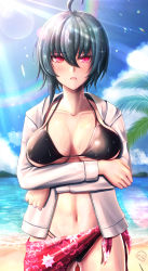Rule 34 | 1girl, absurdres, ahoge, arms under breasts, beach, bikini, black bikini, black hair, blue sky, breasts, cleavage, cloud, cloudy sky, dead angels, highres, honkai (series), honkai impact 3rd, jacket, large breasts, long sleeves, looking at viewer, mole, mole under mouth, navel, open clothes, open jacket, open mouth, outdoors, purple eyes, rainbow, raven (honkai impact), sand, short hair, sky, solo, swimsuit, water, white jacket