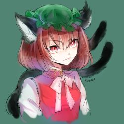 Rule 34 | 1girl, animal ears, bow, brown hair, cat ears, cat tail, chen, dress, hat, mob cap, multiple tails, nekomata, red dress, red eyes, rosette (roze-ko), shirt, solo, tail, touhou, upper body