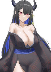 Rule 34 | 1girl, absurdres, bare shoulders, black hair, black kimono, blue hair, breasts, cleavage, collarbone, colored inner hair, demon horns, hair ornament, highres, hololive, hololive english, horns, japanese clothes, kimono, large breasts, long hair, looking at viewer, mole, mole under eye, multicolored hair, nerissa ravencroft, obi, off shoulder, parted lips, rebelium, red eyes, sash, simple background, solo, tassel, tassel hair ornament, two-tone hair, very long hair, virtual youtuber, white background