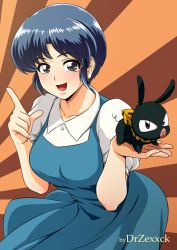 Rule 34 | 1girl, animal, animal on hand, black hair, blush, breasts, brown eyes, doctor zexxck, holding, holding animal, index finger raised, large breasts, making-of available, open mouth, p-chan, pig, ranma 1/2, school uniform, short hair, smile, tendou akane