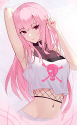 Rule 34 | 1girl, absurdres, arm behind head, bare shoulders, blush, highres, hololive, hololive english, jacket, jewelry, light smile, long hair, looking at viewer, mori calliope, mori calliope (streetwear), multicolored clothes, multicolored jacket, necklace, official alternate costume, official alternate hairstyle, pink hair, red eyes, swept bangs, upper body, virtual youtuber, vy (vy va1), white background