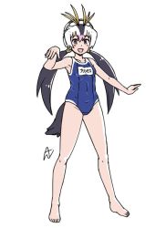 Rule 34 | 1girl, acesrulez, alternate costume, bare arms, bare legs, bare shoulders, barefoot, black hair, blonde hair, blue one-piece swimsuit, blush, collarbone, full body, hair between eyes, headphones, kemono friends, multicolored hair, name tag, one-piece swimsuit, pink eyes, pink hair, royal penguin (kemono friends), school swimsuit, solo, swimsuit, translation request, twintails, white hair