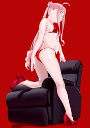 Rule 34 | 1girl, absurdres, ahoge, bikini, breasts, chair, double bun, full body, glasses, hair bun, high heels, highres, kantai collection, long hair, makigumo (kancolle), ojipon, pink hair, recliner, red background, red bikini, red footwear, side-tie bikini bottom, simple background, small breasts, solo, swimsuit, twintails, very long hair, yellow eyes