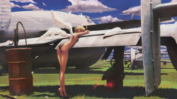 Rule 34 | 1girl, absurdres, aircraft, airplane, angel, angel wings, ass, back, bare legs, bare shoulders, barefoot, blonde hair, cloud, cloudy sky, day, drum (container), feathers, from behind, halo, highres, long legs, looking at viewer, looking back, original, pandarou, scenery, short hair, sky, smile, solo, strapless bottom, tiptoes, wings