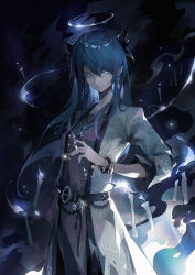 Rule 34 | 1girl, absurdres, arknights, belt, blue fire, blue hair, blue nails, bracelet, breasts, bukui shi wo, candle, chinese commentary, closed mouth, coat, commentary request, copyright request, cowboy shot, dark, earrings, fire, glint, hair between eyes, halo, highres, jewelry, light particles, long hair, looking at viewer, mostima (arknights), nail polish, open clothes, open coat, small breasts, smile, solo, standing