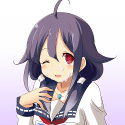 Rule 34 | 10s, 1girl, ;o, ahoge, be (o-hoho), blush, bukkake, collarbone, cum, hand on own chest, jewelry, kantai collection, long sleeves, magatama, necklace, one eye closed, open mouth, parted lips, pendant, red eyes, shirt, short twintails, sidelocks, solo, suggestive fluid, taigei (kancolle), twintails, white shirt