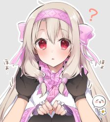 Rule 34 | 1girl, :o, ?, ainu clothes, black pantyhose, blush, bow, commentary request, fate/grand order, fate (series), fingerless gloves, gloves, grey background, hair between eyes, hair bow, hair tubes, hairband, hand in own hair, holding another&#039;s hair, illyasviel von einzbern, light brown hair, long hair, long sleeves, looking at viewer, open mouth, outline, pantyhose, parted lips, pink bow, pink hairband, pov, pov hands, purple gloves, red eyes, simple background, sino (sionori), sitonai (fate), solo focus, spoken expression, translation request, very long hair, white bow, white outline