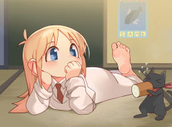 Rule 34 | &gt; &lt;, 1girl, antenna hair, arm support, barefoot, black cat, blonde hair, blue eyes, cat, coat, feet, hand to own mouth, head rest, highres, indoors, lab coat, leg up, long hair, looking to the side, lying, necktie, nichijou, on stomach, poster (object), professor shinonome, red necktie, sakamoto (nichijou), sakurami sumi, shirt, soles, toes, white coat