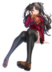 Rule 34 | 1girl, black hair, blue eyes, fate/stay night, fate (series), hair ribbon, hand on own face, jacket, keita (tundereyuina), long hair, ribbon, scarf, shoes, sitting, solo, thighhighs, tohsaka rin, two side up, zettai ryouiki