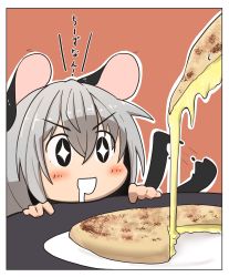 Rule 34 | + +, 1girl, :d, absurdres, afterimage, animal ears, border, cheese, chibi, commentary request, drooling, face, food, greenpiecerice, grey hair, hair between eyes, highres, looking at object, medium hair, motion lines, mouse ears, mouse tail, mouth drool, nazrin, open mouth, smile, solo, tail, tail wagging, touhou, translation request, v-shaped eyebrows
