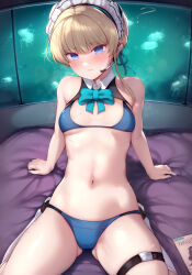 Rule 34 | 1girl, alternate costume, aqua bow, aqua bowtie, arm support, bikini, blonde hair, blue archive, blue bikini, blue eyes, blue nails, blue ribbon, blush, bow, bowtie, breasts, bun cover, detached collar, gluteal fold, hair bun, headpiece, highres, indoors, jellyfish, kimoshi, kneehighs, kneeling, looking at viewer, maid headdress, navel, on bed, paid reward available, ribbon, short hair, small breasts, socks, solo, stomach, swimsuit, thigh strap, toki (blue archive), white socks, window
