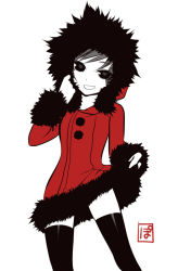 Rule 34 | 1girl, black sclera, black thighhighs, coat, coat lift, colored sclera, fur-trimmed jacket, fur trim, grey eyes, grey hair, grey pupils, grin, hand on own cheek, hand on own face, hood, hooded jacket, jacket, original, poaro, signature, simple background, smile, solo, thighhighs, white background, zettai ryouiki